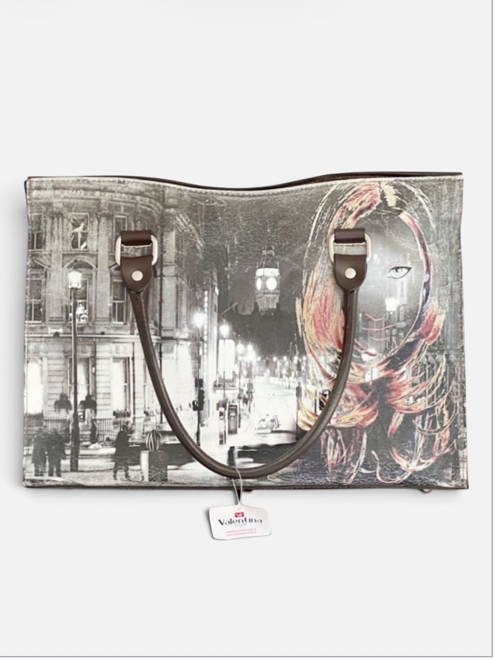 Valentina Brown Leather Tote With City Scape & Women’s Face Print